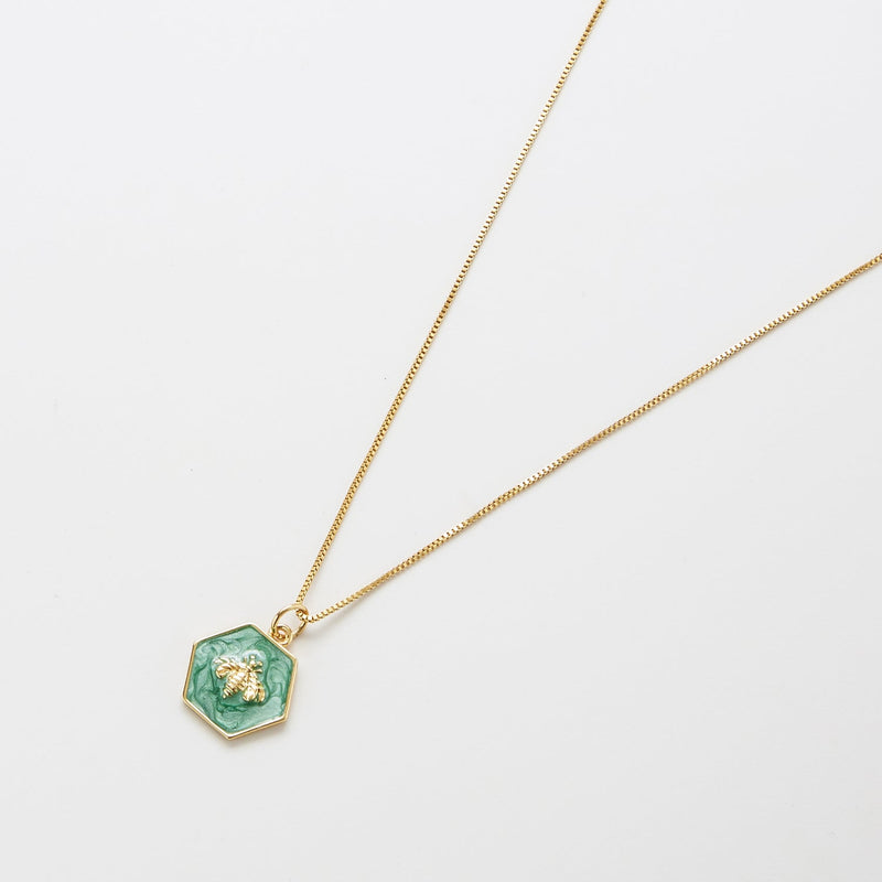 Green Hexagon Gold Bee Necklace